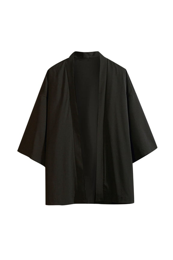 Men's Ice Silk Solid Color Beach Kimono Shirt Japanese Bathrobe Open Front Cardigan Jacket Lightweight Casual Shirts Black XXXXXL