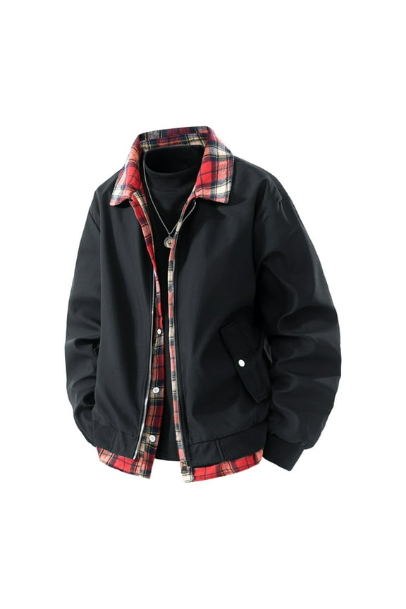 Men's Jacket Plaid Spling Zip Up Jacket Long Sleeve Casual Turndown Collar Fake Two-Piece Jacket Outwear Cargo Jackets Coat Black M