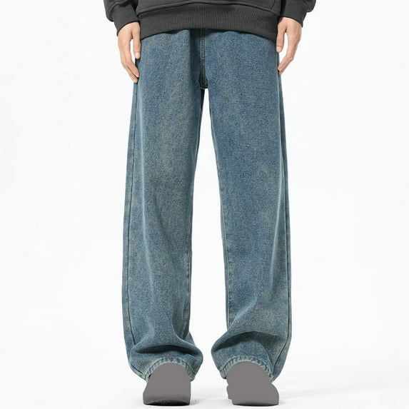 JUUYY Men's Jean Trousers Denim Straight Leg Pants Fleece Lined Warm Thick Jeans Classic Regular Fit Pants Loose Oversized Denim Trouser Blue L