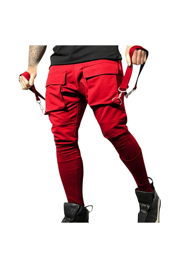 Men's Jogger Cargo Techwear Streetwear Ankle Casual Harem Pants with Pockets Fashion Hip Hop Pants Gym Long Pants Red M