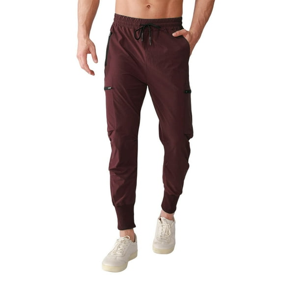 JUUYY Men's Jogging Pants Quick Dry Training Trousers Multi-Pockets Comfortable Drawstring Elastic Waist Tapered Leg Cargo Pants Wine XL