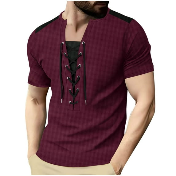 JUUYY Men's Lace Up Waffle T-Shirt Color Blocked with Drawstring Round Neck Short Sleeve Shirts Pullover Top Wine XXL