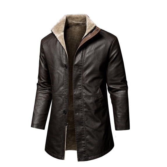 JUUYY Men's Leather Jacket 3/4 Length Faux Leather Coat Warm Winter Long PU Leather Jacket Lined Duster Solid Color Trench Coat Coffee L