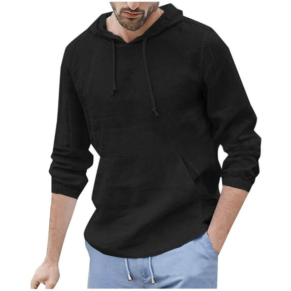 JUUYY Men's Lightweight Hoodies Drawstring Linen Pocket Solid Color Long Sleeve Retro T-Shirts Tops Fall Fashion Sweatshirt Black XXL