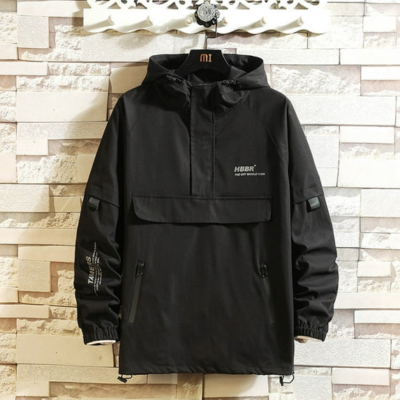 JUUYY Men's Lightweight Jacket Trendy Casual Long Sleeve Solid Color Outerwear Hooded Jackets Streetwear Loose Outwear Hip Hop Windbreaker Coat Black XXXL