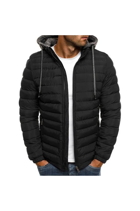 Men's Lightweight Puffer Jacket Hooded Full Zip Water-Resistant Quilted Lined Solid Color Winter Casual Coats Outdoor Black L