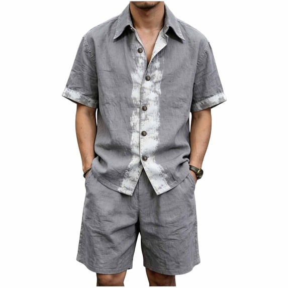 JUUYY Men's Linen 2 Piece Sets Short Sleeve Loose Fit Collar Button Down Shirt Shorts with Pocket Set Casual Summer Beach Outfits Dark Gray XXXL