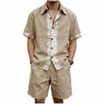 thumbnail image 1 of JUUYY Men's Linen 2 Piece Sets Short Sleeve Loose Fit Collar Button Down Shirt Shorts with Pocket Set Casual Summer Beach Outfits Khaki XXL, 1 of 9