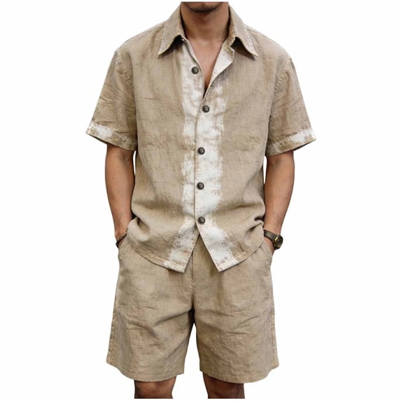 JUUYY Men's Linen 2 Piece Sets Short Sleeve Loose Fit Collar Button Down Shirt Shorts with Pocket Set Casual Summer Beach Outfits Khaki XXL