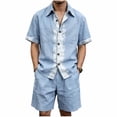 thumbnail image 1 of JUUYY Men's Linen 2 Piece Sets Short Sleeve Loose Fit Collar Button Down Shirt Shorts with Pocket Set Casual Summer Beach Outfits Light Blue XXL, 1 of 9