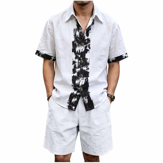 JUUYY Men's Linen 2 Piece Sets Short Sleeve Loose Fit Collar Button Down Shirt Shorts with Pocket Set Casual Summer Beach Outfits White XL