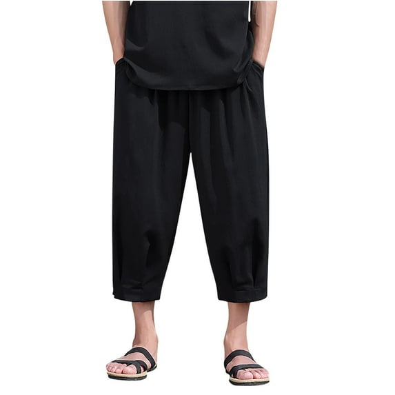 JUUYY Men's Linen Cropped Trousers Hippie Harem Pants 3/4 Length Pants Elasticated Waist Trouser Solid Color Shorts Baggy Beach Pants Black XL