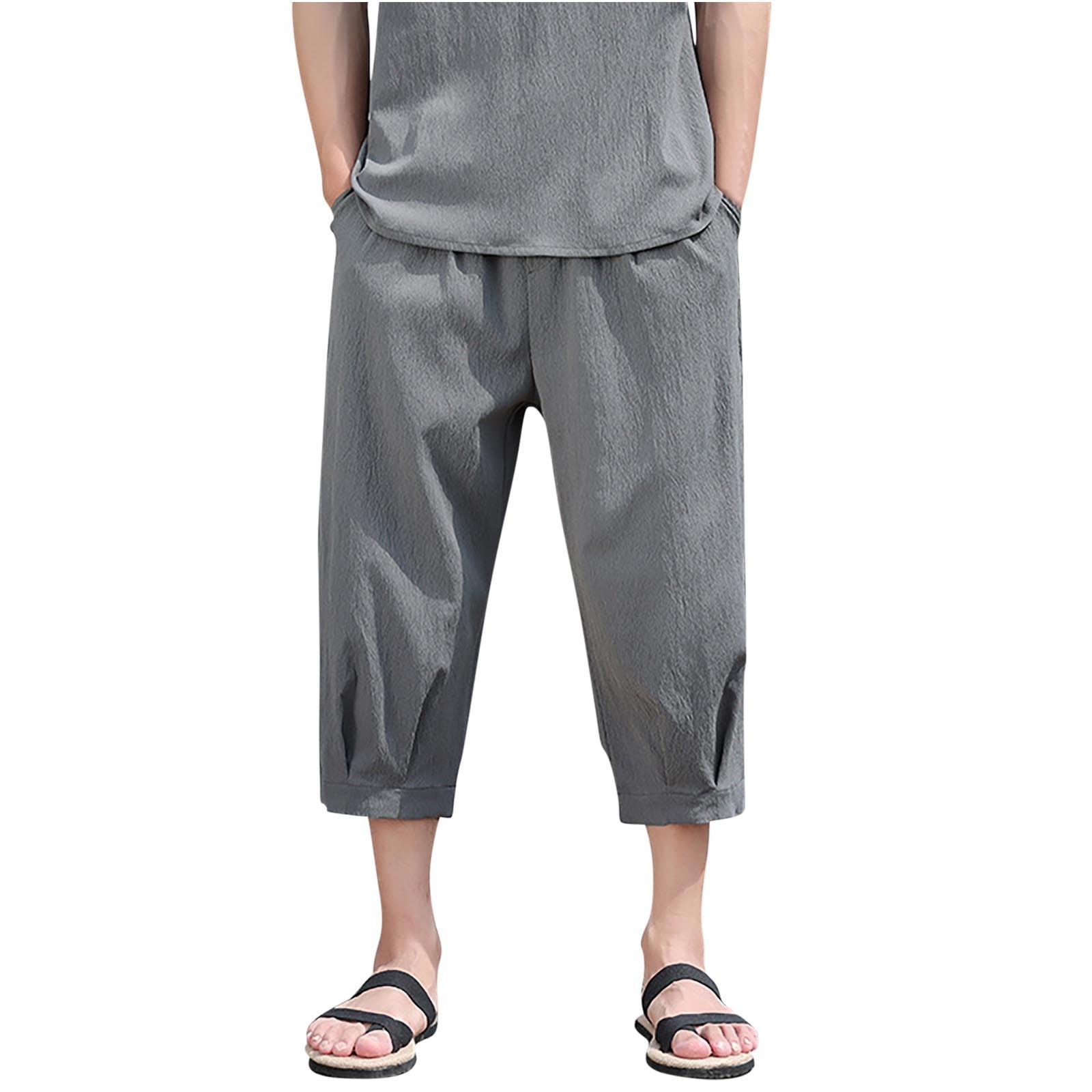 JUUYY Men's Linen Cropped Trousers Hippie Harem Pants 3/4 Length