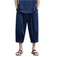 thumbnail image 1 of JUUYY Men's Linen Cropped Trousers Hippie Harem Pants 3/4 Length Pants Elasticated Waist Trouser Solid Color Shorts Baggy Beach Pants Navy XXL, 1 of 7