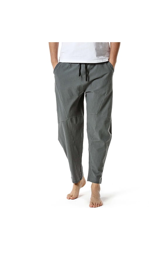 Men's Linen Harem Drawstring Pants Casual Elastic Waist Lightweight Trouser Hippie Summer Beach Yoga Solid Color Pants Dark Gray S