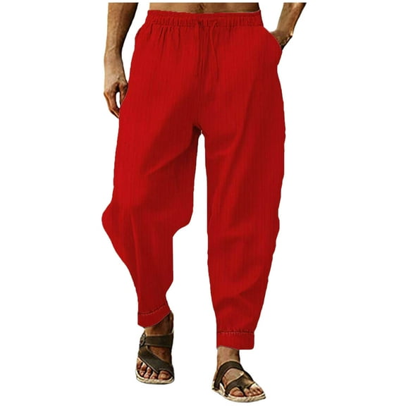 JUUYY Men's Linen Pants Baggy Elastic Waist Harem Pants Casual Lightweight Loose Fit Breathable Vacation Beach Pants with Pockets Red M