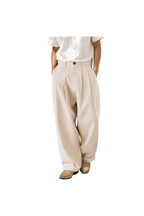 Men's Linen Pants Pleated Front Wide Leg Trendy Suit Pants Casual Elastic Waist Straight Loose Dress Long Pants with Pockets Beige M