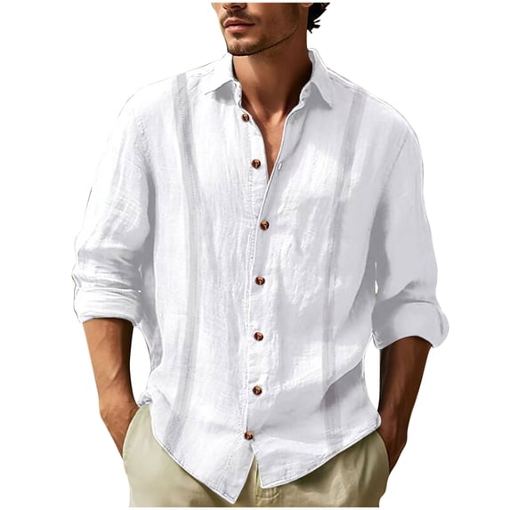 JUUYY Men's Linen Shirts Long Sleeve Button Down Tops Loose Lapel Casual T-Shirts Breathable Beach Tees Solid Color Spring Summer Fall Clothes White XL