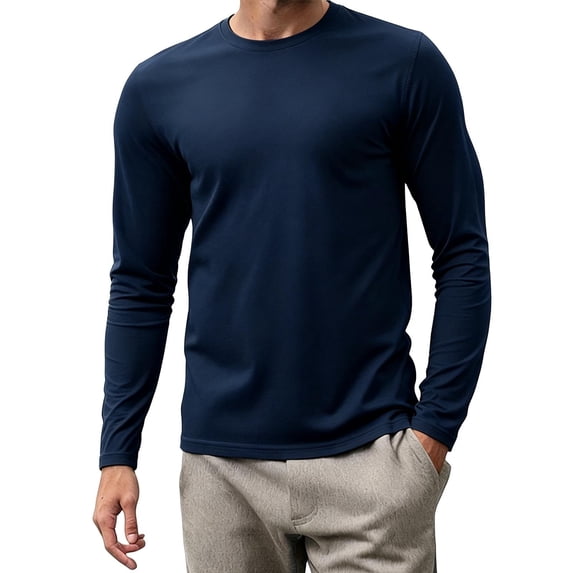 JUUYY Men's Long Sleeve Athletic T Shirt Lightweight Crew-Neck Solid Color Breathable Gym Workout Training Running Pullover Tops Navy S