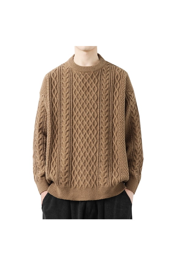 Men's Long Sleeve Cable Knit Pullover Sweater Fisherman Twist Patterned Crewneck Casual Tops Solid Color Sweater Khaki L