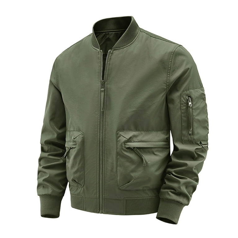JUUYY Men s Long Sleeve Cargo Jacket Plus Size Flight Jacket Zip Stand Collar Outwear Outdoor Work Solid Color Jacket with Pockets Army Green XXXXL Walmart