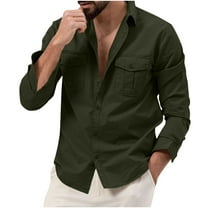 JUUYY Men's Long Sleeve Cargo Shirt Regular-Fit Casual Solid Button Down Lapel Shirt Tops with Chest Double Pockets Army Green S