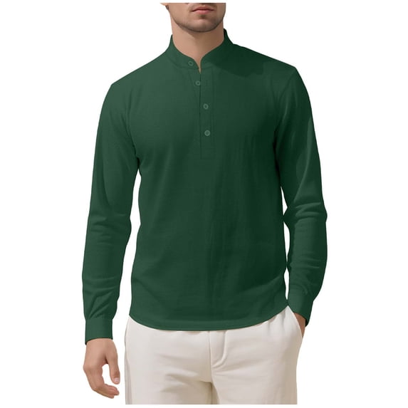 JUUYY Men's Long Sleeve Linen Shirts Lightweight Casual Button Henley Shirt Basic Solid Band Collar Vacation Beach Pullover Tops Dark Green XL