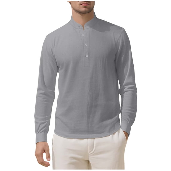 JUUYY Men's Long Sleeve Linen Shirts Lightweight Casual Button Henley Shirt Basic Solid Band Collar Vacation Beach Pullover Tops Gray M