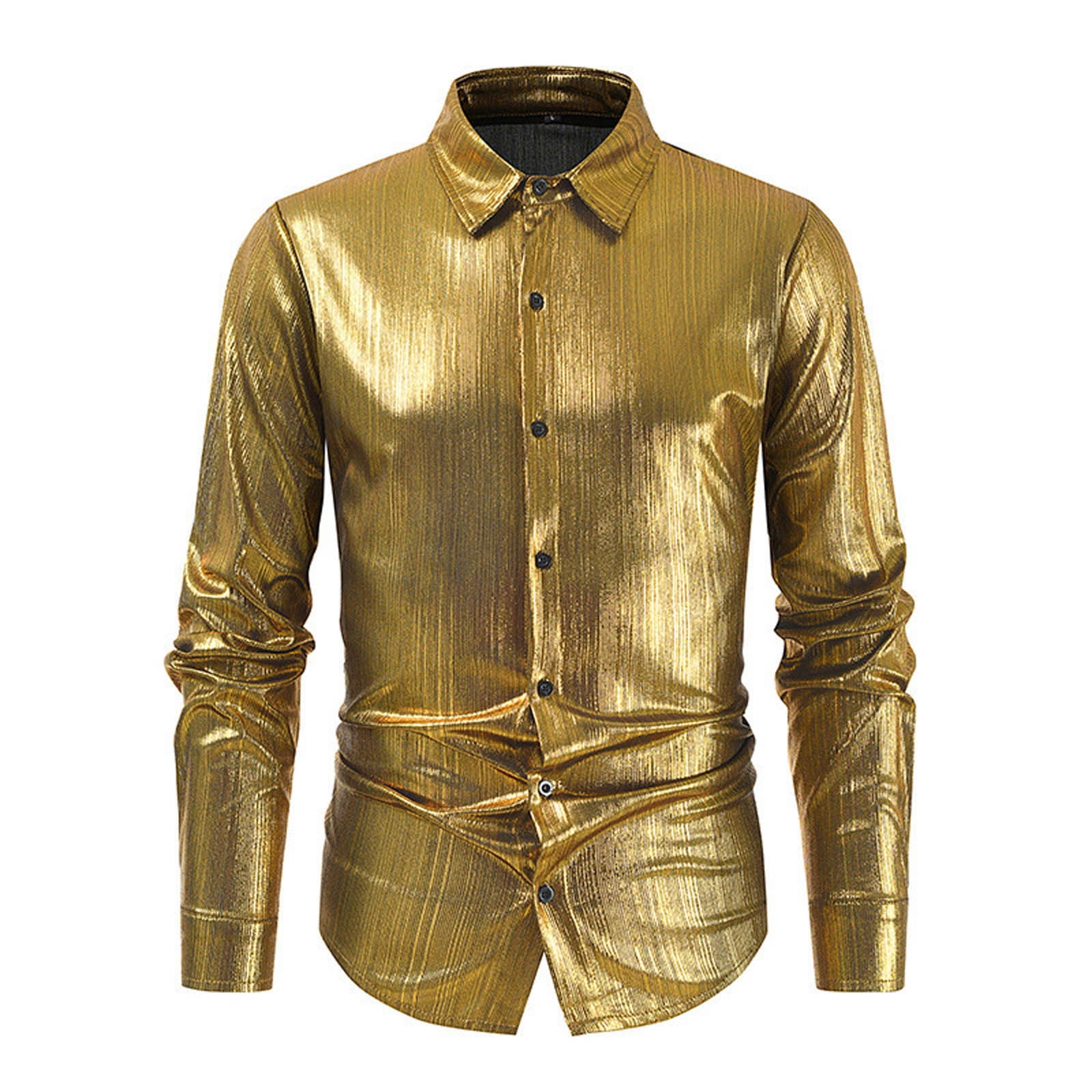 ☆【NASTY FANCY CLUB】☆RIBBED BUTTON SHIRT ONE-PIEC.E☆ JUUYY Men's Long Sleeve Metallic Shiny Long Sleeve Button