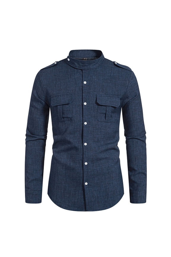 Men's Long Sleeve Pocket Decorative Fashion Shirt Casual Brushed Soft Outdoor Shirts Cotton Camp Flannel Shirt Navy XXL