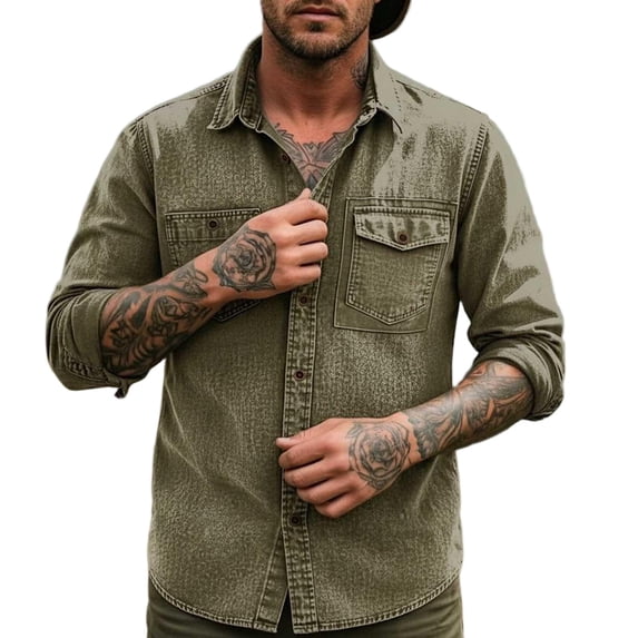 JUUYY Men's Long Sleeve Shirt Button Down Casual Work Shirts Lightweight Classic Outdoor Hiking Fishing Shirt with Flap Pockets Army Green M