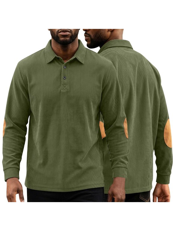 Men's Long Sleeve Shirt with Elbow Patch Textured Loose Button Up Lapel Lightweight Fall Casual Pullover Sweatshirt Tops Green S