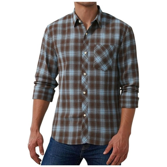 JUUYY Men's Long Sleeve Shirts Button Down Plaid Shirt Classic Fit Lapel Collar Vintage Casual Business Office Work Shirt Everyday Outfit Coffee XXXL