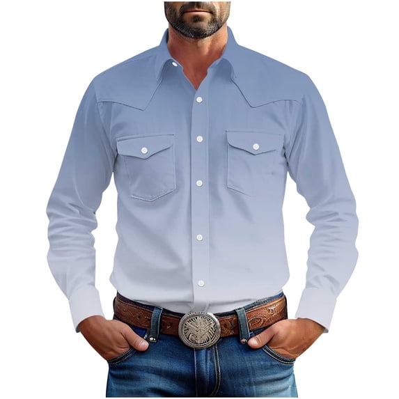 JUUYY Men's Long Sleeve Shirts Casual Button Down Cotton Work Shirt Retro Trendy Gradient Print Lapel Shirt Jacket with Two Pockets Light Blue L