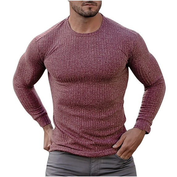 JUUYY Men's Long Sleeve Shirts Ribbed Pullover Sweater Sim Fit Thermal Tops Crew Neck Solid Color Stretchy Undershirts Red XXL