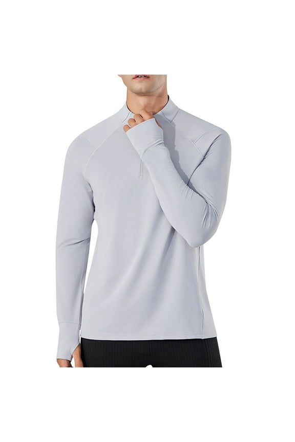 Men's Long Sleeve Sun Shirts UPF 50+ Tees 1/4 Zip Up Fishing Running Rash Guard T-Shirts Outdoor Solid Color Shirt Gray L