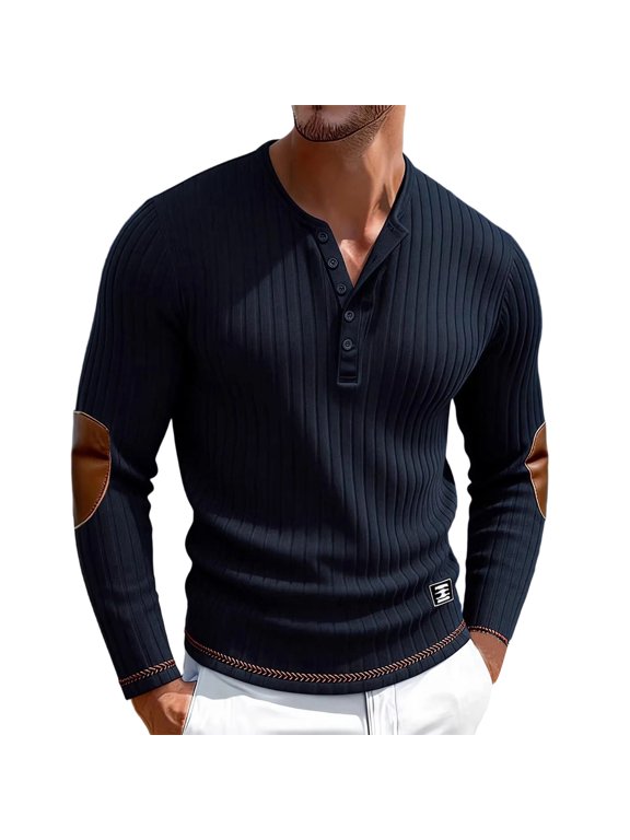 Men's Long Sleeve Tops Casual Vintage Ribbed V Neck Button Up Lightweight Fall Comfortable Tee Shirts with Elbow Patches Navy M
