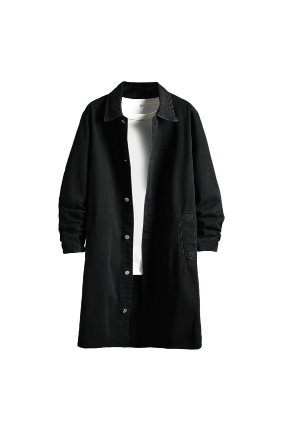 Men's Long Washed Retro Denim Jacket Long Sleeves Buttons Trench Coat Solid Pocket Solid Color Trendy Outerwear Black XL