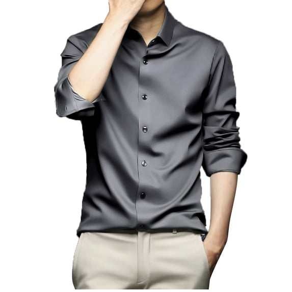 JUUYY Men's Long-sleeved Ice Silk Business Shirt Anti-Wrinkle Quick-Drying Luxury Shiny Silk Like Satin Button Up Dress Shirts Dark Gray M