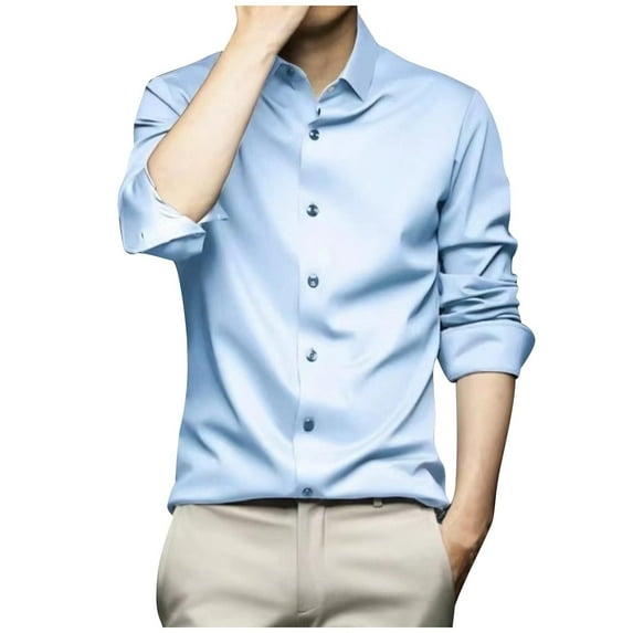 JUUYY Men's Long-sleeved Ice Silk Business Shirt Anti-Wrinkle Quick-Drying Luxury Shiny Silk Like Satin Button Up Dress Shirts Light Blue XXXXXXL