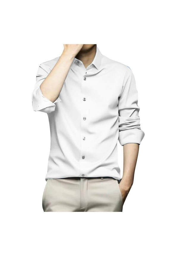 Men's Long-sleeved Ice Silk Business Shirt Anti-Wrinkle Quick-Drying Luxury Shiny Silk Like Satin Button Up Dress Shirts White XXXL