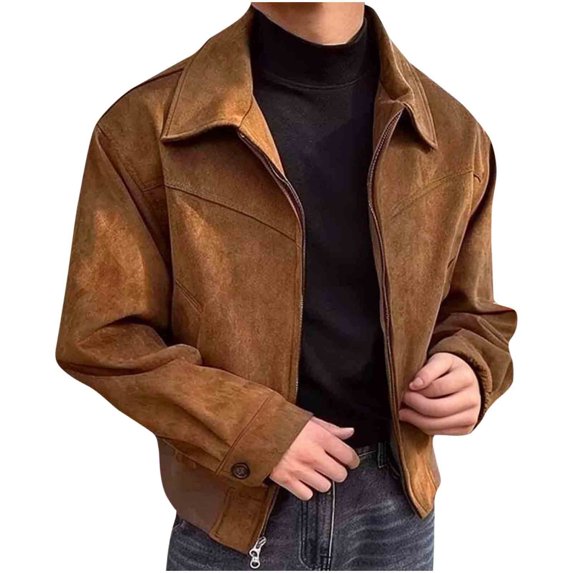 JUUYY Men's Loose Lapel Zipper Short Jacket Old Street Clothing Solid Color Trendy Bomber Jacket Brown XL