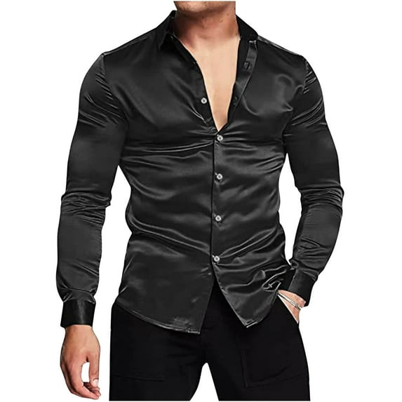JUUYY Men's Luxury Shiny Silk Like Satin Dress Shirt Long Sleeve Casual Slim Fit Muscle Solid Color Button Up Shirts Black XL