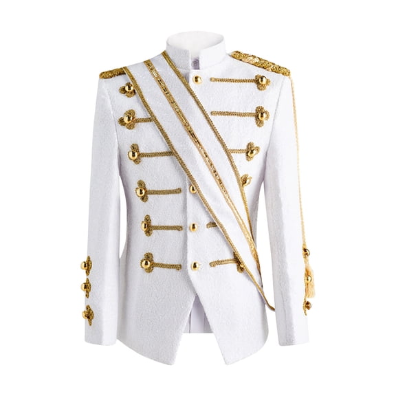 JUUYY Men's Medieval Sequins Prince Charming Suit Jacket for Men Adult Officer King Uniform White XXXL