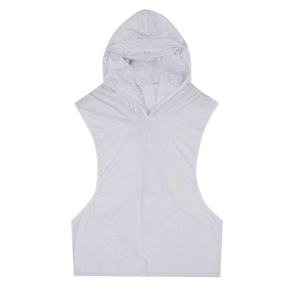 JUUYY Men's Mesh Hooded Tank Tops Workout Gym Training Hoodies Sleeveless Muscle Bodybuilding Cut Off T Shirt White XL