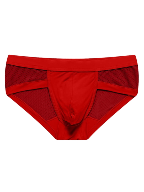 Men's Mesh Underwear Briefs Soft Low Rise Bulge Pouch Underwear Modal Breathable Briefs Red L