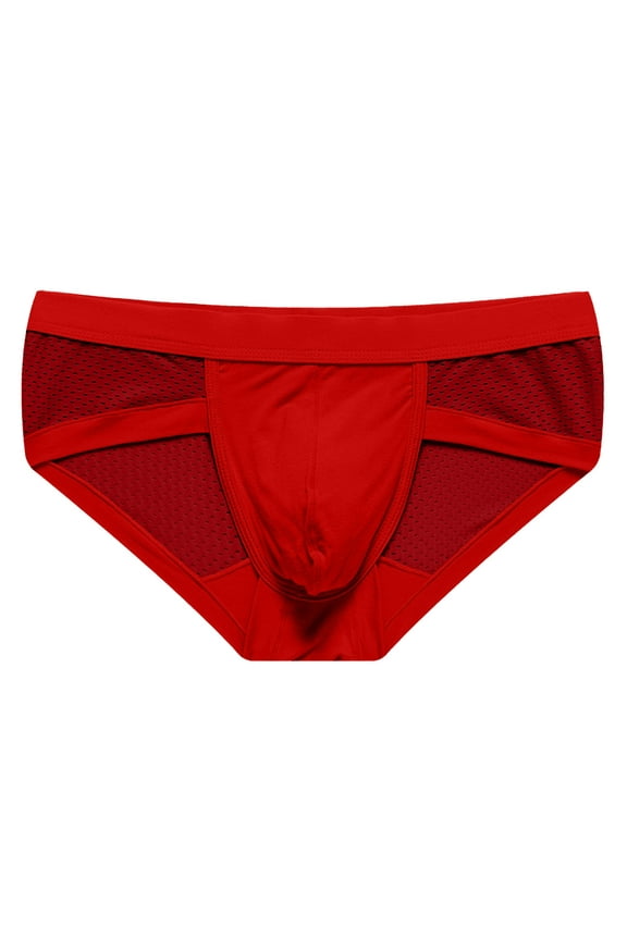 Men's Mesh Underwear Briefs Soft Low Rise Bulge Pouch Underwear Modal Breathable Briefs Red XXL