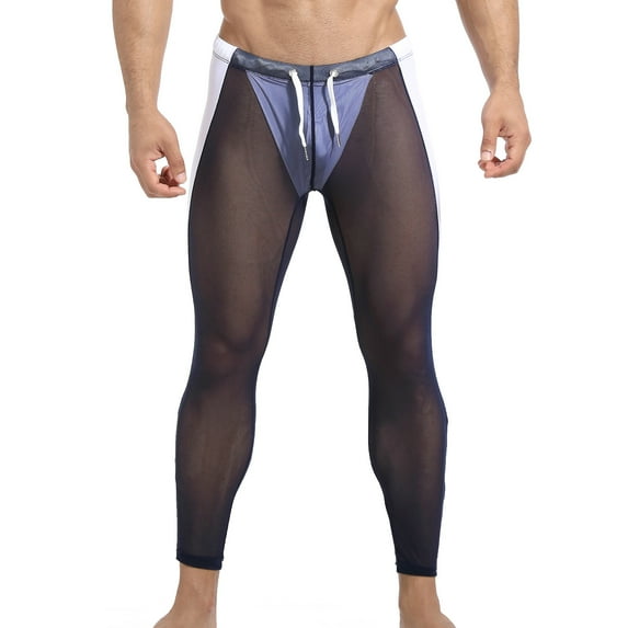 JUUYY Men's Mesh Yoga Pants See Through Tight Leggings Stretchy Capris Solid Color Sports Shapewear Underwear Blue XL