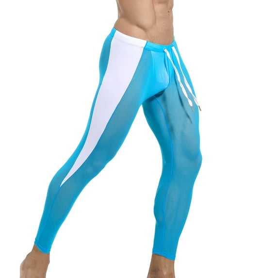 JUUYY Men's Mesh Yoga Pants See Through Tight Leggings Stretchy Capris Solid Color Sports Shapewear Underwear Sky Blue M