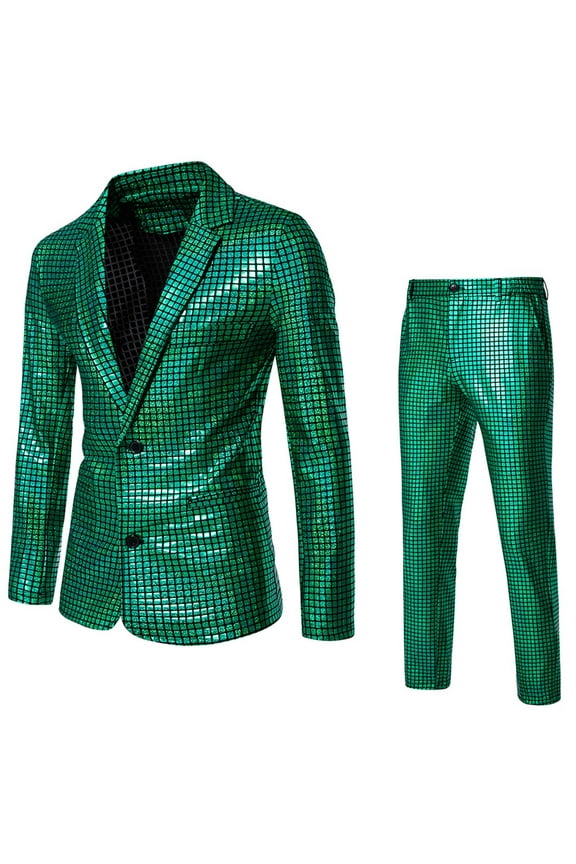 Men's Metallic Shiny Suits Disco Sequin Blazer and Pants 2 Piece Sets for Party Prom Green S